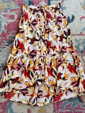 Floral White and Red Rayon Maxi Hi Low Skirt